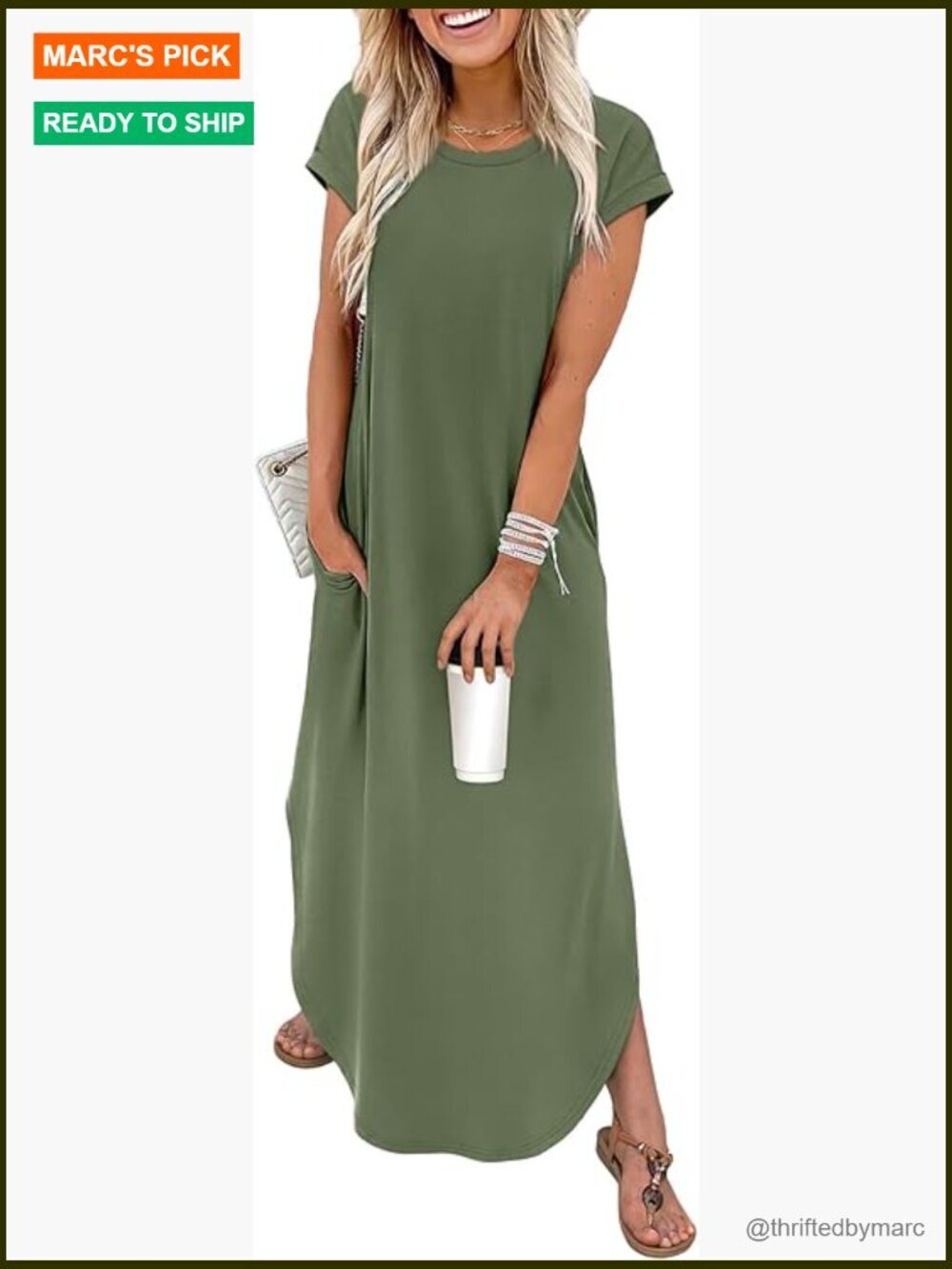 Maxi Cap Sleeve Crewneck Dress with Pockets Casual Beach